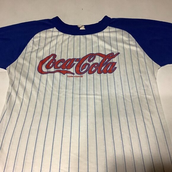 Vintage Coca Cola Ringer Baseball Striped T Shirt Size L 12-14 Blue/White USA - Picture 2 of 7